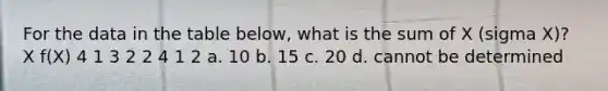 For the data in the table below, what is the sum of X (sigma X)? X f(X) 4 1 3 2 2 4 1 2 a. 10 b. 15 c. 20 d. cannot be determined