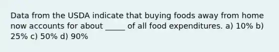 Data from the USDA indicate that buying foods away from home now accounts for about _____ of all food expenditures. a) 10% b) 25% c) 50% d) 90%