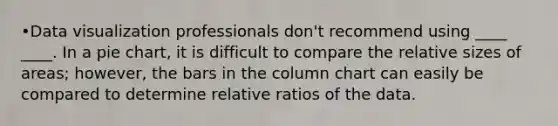 •Data visualization professionals don't recommend using ____ ____. In a pie chart, it is difficult to compare the relative sizes of areas; however, the bars in the column chart can easily be compared to determine relative ratios of the data.