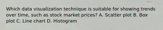 Which data visualization technique is suitable for showing trends over time, such as stock market prices? A. Scatter plot B. Box plot C. Line chart D. Histogram