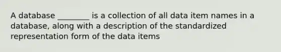 A database ________ is a collection of all data item names in a database, along with a description of the standardized representation form of the data items