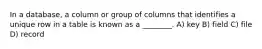 In a database, a column or group of columns that identifies a unique row in a table is known as a ________. A) key B) field C) file D) record