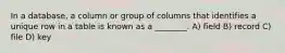 In a database, a column or group of columns that identifies a unique row in a table is known as a ________. A) field B) record C) file D) key