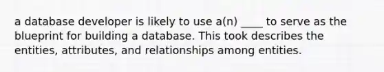 a database developer is likely to use a(n) ____ to serve as the blueprint for building a database. This took describes the entities, attributes, and relationships among entities.