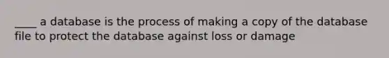 ____ a database is the process of making a copy of the database file to protect the database against loss or damage