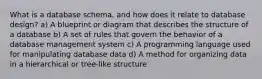 What is a database schema, and how does it relate to database design? a) A blueprint or diagram that describes the structure of a database b) A set of rules that govern the behavior of a database management system c) A programming language used for manipulating database data d) A method for organizing data in a hierarchical or tree-like structure