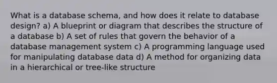 What is a database schema, and how does it relate to database design? a) A blueprint or diagram that describes the structure of a database b) A set of rules that govern the behavior of a database management system c) A programming language used for manipulating database data d) A method for organizing data in a hierarchical or tree-like structure