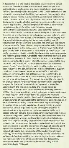 A datacenter is a site that is dedicated to provisioning server resources. The datacenter hosts network services (such as authentication, addressing, and name resolution), application servers, and storage area networks (SANs). Most datacenters are housed in purpose-built facilities, but some of the concepts also apply to server rooms. A datacenter has dedicated networking, power, climate control, and physical access control features all designed to provide a highly available environment for running critical applications. Unlike a corporate network, a datacenter contains no client PCs, other than hardened secure administrative workstations (SAWs) used solely to manage servers. Historically, datacenters were designed to use the same three-tiered architecture as an enterprise campus network, with core, distribution, and access layer switches. The changing way that applications are designed as services making use of virtualization and on-demand instances has changed the nature of network traffic flows. These changes are reflected in different topology designs in the datacenter. 1. Traffic Flows Traffic that goes to and from a datacenter is referred to as north-south. This traffic represents clients outside the datacenter making requests and receiving responses. Corporate network traffic flows are also typically north-south. A client device is located on a workgroup switch connected to a router, while the server is connected to a separate switch or VLAN. Traffic from the client to the server passes "north" from the client's switch to the router and then back "south" to the server's switch. In datacenters that support cloud and other Internet services, most traffic is actually between servers within the datacenter. This is referred to as east-west traffic. Consider a client uploading a photograph as part of a social media post. The image file might be checked by an analysis server for policy violations (indecent or copyright images, for instance), a search/indexing service would be updated with the image metadata, the image would be replicated to servers that provision content delivery networks (CDNs), the image would be copied to backup servers, and so on. A single request to the cloud tends to cascade to multiple requests and transfers within the cloud. 2. Overlay Networks The preponderance of east-west traffic complicates security design. If each of these cascading transactions were to pass through a firewall or other security appliance, it would create a severe bottleneck. These requirements are driving the creation of virtualized security appliances that can monitor traffic as it passes between servers (blogs.cisco.com/security/trends-in-data-center-security-part-1-traffic-trends). At the same time, security implementations are moving towards zero trust architectures. Zero trust implies a highly segmented network where each link between two servers must be authenticated and authorized. An overlay network is used to implement this type of point-to-point logical link between two nodes or two networks. The overlay network abstracts the complexity of the underlying physical topology. An overlay network uses encapsulation protocols and software defined networking to create a logical tunnel between two nodes or networks. When used inside the datacenter, overlay networks are typically implemented using virtual extensible LANs (VXLANs).