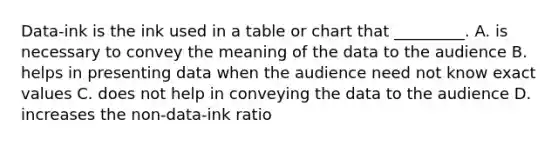 Data-ink is the ink used in a table or chart that _________. A. is necessary to convey the meaning of the data to the audience B. helps in presenting data when the audience need not know exact values C. does not help in conveying the data to the audience D. increases the non-data-ink ratio