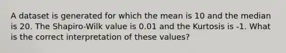 A dataset is generated for which the mean is 10 and the median is 20. The Shapiro-Wilk value is 0.01 and the Kurtosis is -1. What is the correct interpretation of these values?