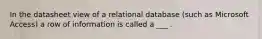 In the datasheet view of a relational database (such as Microsoft Access) a row of information is called a ___ .