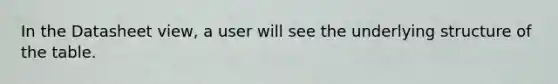 In the Datasheet view, a user will see the underlying structure of the table.