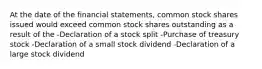 At the date of the financial statements, common stock shares issued would exceed common stock shares outstanding as a result of the -Declaration of a stock split -Purchase of treasury stock -Declaration of a small stock dividend -Declaration of a large stock dividend