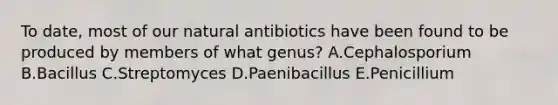 To date, most of our natural antibiotics have been found to be produced by members of what genus? A.Cephalosporium B.Bacillus C.Streptomyces D.Paenibacillus E.Penicillium