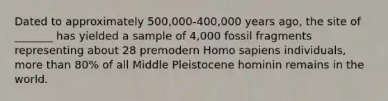 Dated to approximately 500,000-400,000 years ago, the site of _______ has yielded a sample of 4,000 fossil fragments representing about 28 premodern <a href='https://www.questionai.com/knowledge/k9aqcXDhxN-homo-sapiens' class='anchor-knowledge'>homo sapiens</a> individuals, <a href='https://www.questionai.com/knowledge/keWHlEPx42-more-than' class='anchor-knowledge'>more than</a> 80% of all Middle Pleistocene hominin remains in the world.