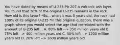 You have dated by means of U-235:Pb-207 a volcanic ash layer. You found that 30% of the original U-235 remains in the rock. How old is this layer? *So... when it was 0 years old, the rock had 100% of its original U-235 *In this original question, there was a graph where you would select the age that correlated with the amount of U-235 left... A. 80% left --> 350 million years old B. 75% left --> 400 million years old C. 30% left --> 1200 million years old D. 20% left --> 1600 million years old