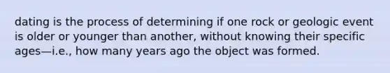 dating is the process of determining if one rock or geologic event is older or younger than another, without knowing their specific ages—i.e., how many years ago the object was formed.