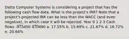 Datta Computer Systems is considering a project that has the following cash flow data. What is the project's IRR? Note that a project's projected IRR can be less than the WACC (and even negative), in which case it will be rejected. Year 0 1 2 3 Cash flows -975450 470490 a. 17.55% b. 15.69% c. 21.67% d. 16.72% e. 20.64%