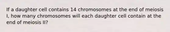 If a daughter cell contains 14 chromosomes at the end of meiosis I, how many chromosomes will each daughter cell contain at the end of meiosis II?