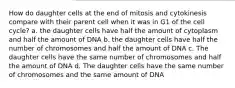 How do daughter cells at the end of mitosis and cytokinesis compare with their parent cell when it was in G1 of the cell cycle? a. the daughter cells have half the amount of cytoplasm and half the amount of DNA b. the daughter cells have half the number of chromosomes and half the amount of DNA c. The daughter cells have the same number of chromosomes and half the amount of DNA d. The daughter cells have the same number of chromosomes and the same amount of DNA