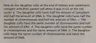 How do the daughter cells at the end of mitosis and cytokinesis compare with their parent cell when it was in G1 of the cell cycle? a. The daughter cells have half the amount of cytoplasm and half the amount of DNA. b. The daughter cells have half the number of chromosomes and half the amount of DNA. c. The daughter cells have the same number of chromosomes and half the amount of DNA. d. The daughter cells have the same number of chromosomes and the same amount of DNA. e. The daughter cells have the same number of chromosomes and twice the amount of DNA.