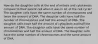 How do the daughter cells at the end of mitosis and cytokinesis compare to their parent cell when it was in G1 of the cell cycle? The daughter cells have the same number of chromosomes and twice the amount of DNA. The daughter cells have half the number of chromosomes and half the amount of DNA. The daughter cells have half the amount of cytoplasm and half the amount of DNA. The daughter cells have the same number of chromosomes and half the amount of DNA. The daughter cells have the same number of chromosomes and the same amount of DNA.