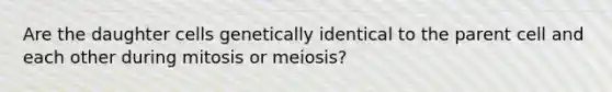 Are the daughter cells genetically identical to the parent cell and each other during mitosis or meiosis?