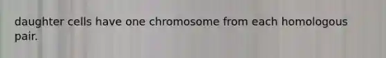 daughter cells have one chromosome from each homologous pair.