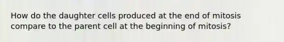 How do the daughter cells produced at the end of mitosis compare to the parent cell at the beginning of mitosis?