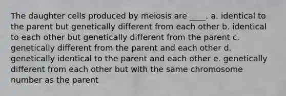 The daughter cells produced by meiosis are ____. a. identical to the parent but genetically different from each other b. identical to each other but genetically different from the parent c. genetically different from the parent and each other d. genetically identical to the parent and each other e. genetically different from each other but with the same chromosome number as the parent