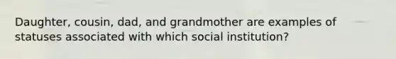 Daughter, cousin, dad, and grandmother are examples of statuses associated with which social institution?