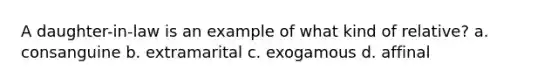 A daughter-in-law is an example of what kind of relative? a. consanguine b. extramarital c. exogamous d. affinal