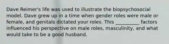 Dave Reimer's life was used to illustrate the biopsychosocial model. Dave grew up in a time when <a href='https://www.questionai.com/knowledge/kFBKZBlIHQ-gender-roles' class='anchor-knowledge'>gender roles</a> were male or female, and genitals dictated your roles. This __________ factors influenced his perspective on male roles, masculinity, and what would take to be a good husband.