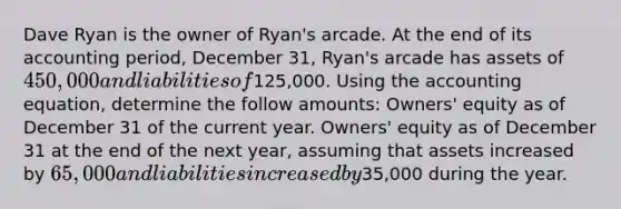 Dave Ryan is the owner of Ryan's arcade. At the end of its accounting period, December 31, Ryan's arcade has assets of 450,000 and liabilities of125,000. Using the accounting equation, determine the follow amounts: Owners' equity as of December 31 of the current year. Owners' equity as of December 31 at the end of the next year, assuming that assets increased by 65,000 and liabilities increased by35,000 during the year.