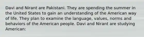 Davi and Nirant are Pakistani. They are spending the summer in the United States to gain an understanding of the American way of life. They plan to examine the language, values, norms and behaviors of the American people. Davi and Nirant are studying American: