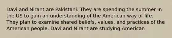 Davi and Nirant are Pakistani. They are spending the summer in the US to gain an understanding of the American way of life. They plan to examine shared beliefs, values, and practices of the American people. Davi and Nirant are studying American