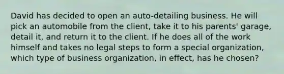 David has decided to open an auto-detailing business. He will pick an automobile from the client, take it to his parents' garage, detail it, and return it to the client. If he does all of the work himself and takes no legal steps to form a special organization, which type of business organization, in effect, has he chosen?