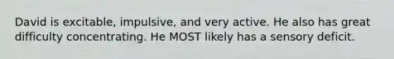 David is excitable, impulsive, and very active. He also has great difficulty concentrating. He MOST likely has a sensory deficit.