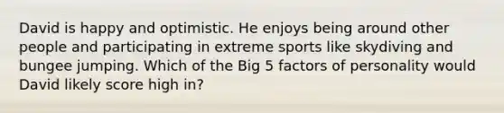 David is happy and optimistic. He enjoys being around other people and participating in extreme sports like skydiving and bungee jumping. Which of the Big 5 factors of personality would David likely score high in?