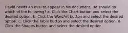 David needs an oval to appear in his document. He should do which of the following? a. Click the Chart button and select the desired option. b. Click the WordArt button and select the desired option. c. Click the Table button and select the desired option. d. Click the Shapes button and select the desired option.