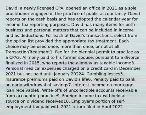 David, a newly licensed CPA, opened an office in 2021 as a sole practitioner engaged in the practice of public accountancy. David reports on the cash basis and has adopted the calendar year for income tax reporting purposes. David has many items for both business and personal matters that can be included in income and as deductions. For each of David's transactions, select from the option list provided the appropriate tax treatment. Each choice may be used once, more than once, or not at all. TransactionTreatment1. Fee for the biennial permit to practice as a CPA2. Alimony paid to his former spouse, pursuant to a divorce finalized in 2015, who reports the alimony as taxable income3. Personal medical expenses charged on a credit card in December 2021 but not paid until January 20224. Gambling losses5. Insurance premiums paid on David's life6. Penalty paid to bank on early withdrawal of savings7. Interest income on mortgage loan receivable8. Write-offs of uncollectible accounts receivable from accounting practice9. Foreign income tax withheld at source on dividend received10. Employer's portion of self-employment tax paid with 2021 return filed in April 2022