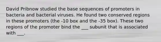 David Pribnow studied the base sequences of promoters in bacteria and bacterial viruses. He found two conserved regions in these promoters (the -10 box and the -35 box). These two regions of the promoter bind the ___ subunit that is associated with ___.