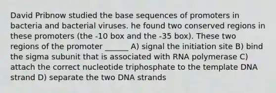 David Pribnow studied the base sequences of promoters in bacteria and bacterial viruses. he found two conserved regions in these promoters (the -10 box and the -35 box). These two regions of the promoter ______ A) signal the initiation site B) bind the sigma subunit that is associated with RNA polymerase C) attach the correct nucleotide triphosphate to the template DNA strand D) separate the two DNA strands