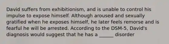 David suffers from exhibitionism, and is unable to control his impulse to expose himself. Although aroused and sexually gratified when he exposes himself, he later feels remorse and is fearful he will be arrested. According to the DSM-5, David's diagnosis would suggest that he has a ______ disorder