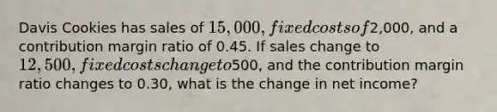 Davis Cookies has sales of 15,000, fixed costs of2,000, and a contribution margin ratio of 0.45. If sales change to 12,500, fixed costs change to500, and the contribution margin ratio changes to 0.30, what is the change in net income?