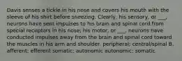 Davis senses a tickle in his nose and covers his mouth with the sleeve of his shirt before sneezing. Clearly, his sensory, or ___, neurons have sent impulses to his brain and spinal cord from special receptors in his nose; his motor, or ___, neurons have conducted impulses away from the brain and spinal cord toward the muscles in his arm and shoulder. peripheral; central/spinal B. afferent; efferent somatic; autonomic autonomic; somatic