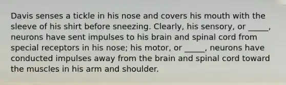 Davis senses a tickle in his nose and covers his mouth with the sleeve of his shirt before sneezing. Clearly, his sensory, or _____, neurons have sent impulses to his brain and spinal cord from special receptors in his nose; his motor, or _____, neurons have conducted impulses away from the brain and spinal cord toward the muscles in his arm and shoulder.