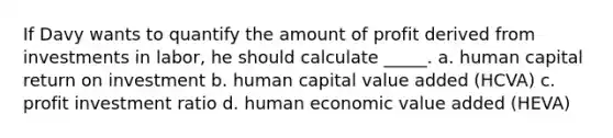 If Davy wants to quantify the amount of profit derived from investments in labor, he should calculate _____. a. human capital return on investment b. human capital value added (HCVA) c. profit investment ratio d. human economic value added (HEVA)