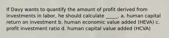 If Davy wants to quantify the amount of profit derived from investments in labor, he should calculate _____. a. human capital return on investment b. human economic value added (HEVA) c. profit investment ratio d. human capital value added (HCVA)