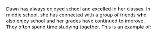 Dawn has always enjoyed school and excelled in her classes. In middle school, she has connected with a group of friends who also enjoy school and her grades have continued to improve. They often spend time studying together. This is an example of: